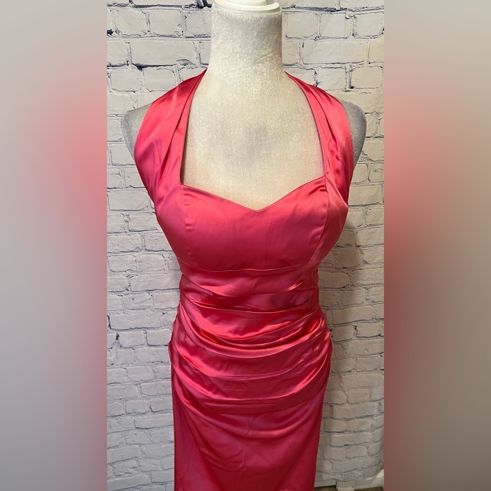 Suzi Chin for Maggy Boutique Pink Midi Halter Rouched Stretch Dress Size 8 - Picture 2 of 7